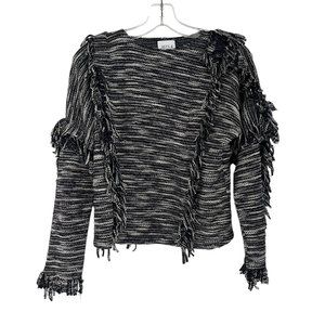 Misa Los Angeles Black White Fringe Detail Knit Pullover Sweater X-Small XS